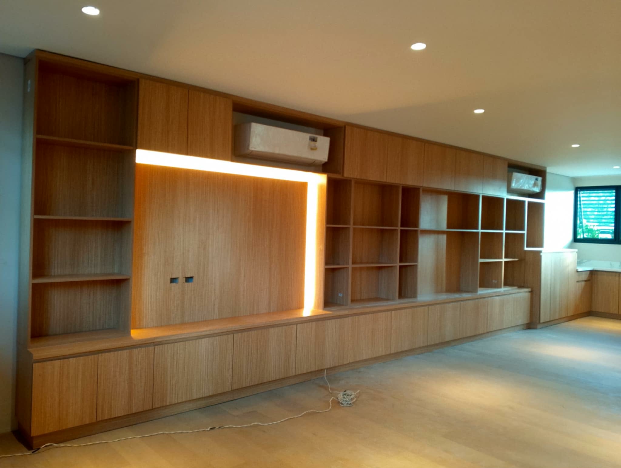 Blue kitchen with white backsplash